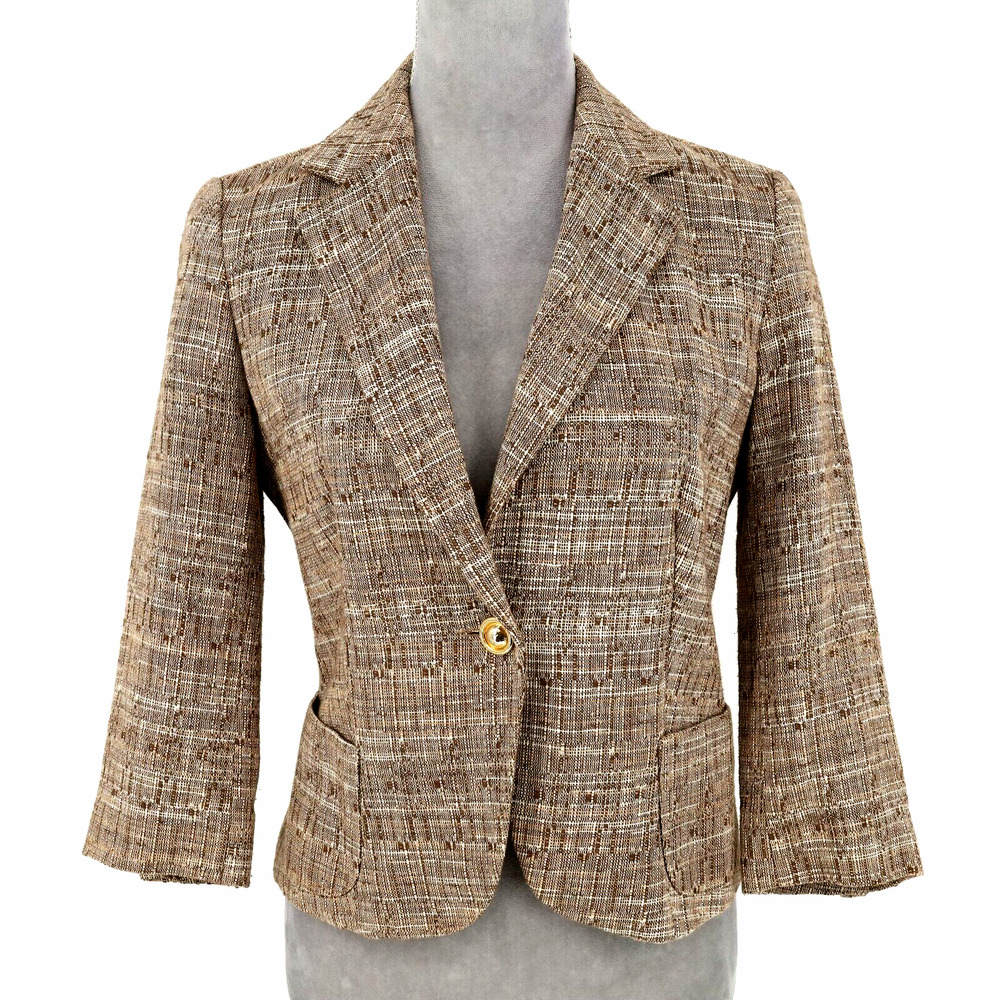 Zara Basic Jacket Womens Small Medium Brown Ivory Lined Blazer Woven Career